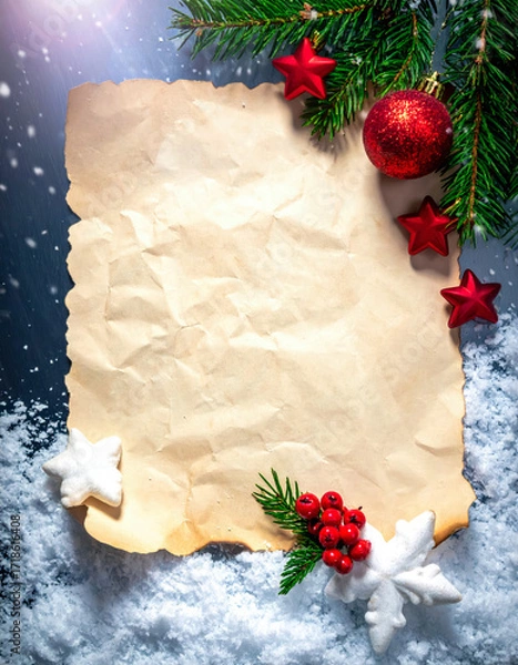 Fototapeta christmas with blank paper and decoration on snow design background