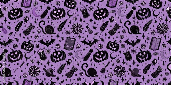 Obraz Whimsical halloween pattern with pumpkins bats spiders webs moons and feathers on purple background