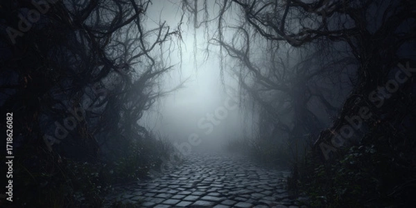 Obraz Foggy path through dark, leafless trees.