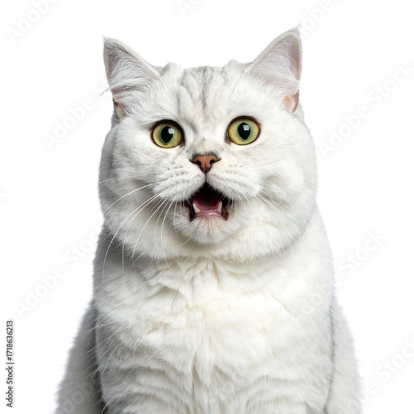 Fototapeta A surprised, fluffy white cat with wide eyes and open mouth