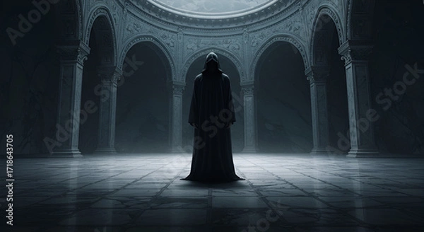 Fototapeta A cloaked figure stands in an ancient echoing hall the air thick with mystery and forgotten tales in grayscale with a
