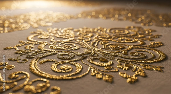 Fototapeta Golden swirls of antique embroidery catching the light a testament to time and artistry in a textured fabric with warm