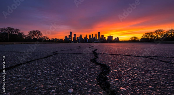 Fototapeta An inspiring urban sunset painting the city skyline with vibrant hues symbolizing hope and resilience in a modern