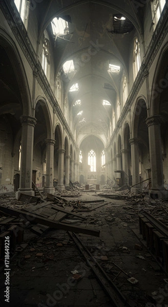 Fototapeta The haunting beauty of a ruined cathedral stands as a somber testament to loss and resilience with shattered ceilings