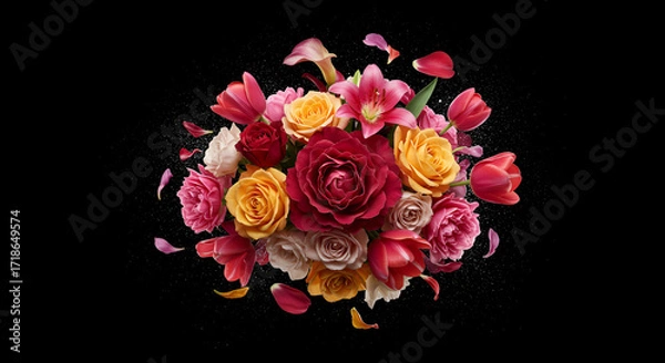 Fototapeta An explosion of vibrant blooms Roses lilies tulips and petals dance against a canvas of infinite black enhanced by