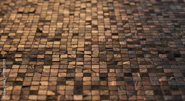 Fototapeta Rustic charm exuding from a textured wood tile mosaic recalling memories of a cozy cabin earthy tones with shallow depth