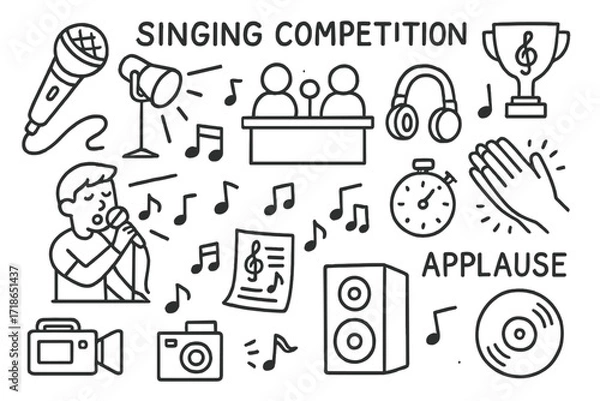 Obraz Singing Competition Essentials. Hand-drawn doodle illustration Singing competition [microphone, spotlight, headphones, judge panel, musical notes, trophy,