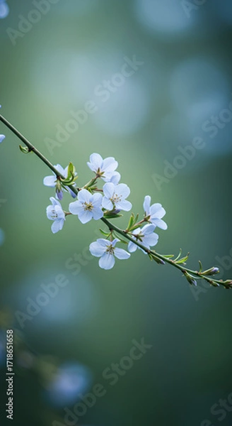 Fototapeta Delicate white blossoms heralding the arrival of spring on a serene branch a symbol of hope and renewal with soft