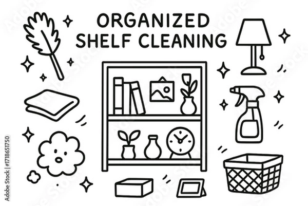 Obraz Organized Shelf Essentials. Hand-drawn doodle illustration Organized shelf cleaning [shelf, books, box, feather duster, cloth, spray bottle, sparkle, star,