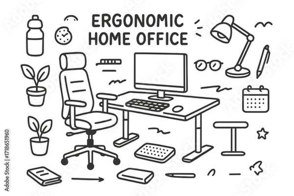 Fototapeta Ergonomic Office Doodles. Hand-drawn doodle illustration Ergonomic home office [ergonomic chair, adjustable desk, keyboard, monitor, mouse, footrest, wrist