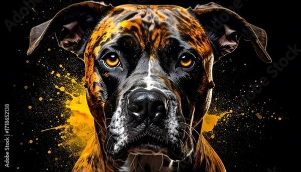 Fototapeta Close-up portrait of a dog with striking color patterns against a dark background