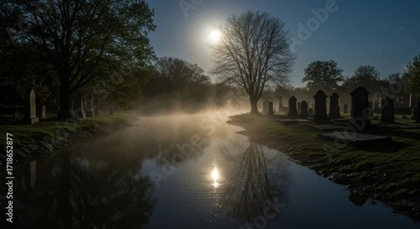 Fototapeta Serene Night Scene at a Cemetery with Mist Rising from a Calm River Under a Full Moon, Surrounded by Silhouetted Trees and Tombstones, Evoking a Tranquil and Mysterious Atmosphere