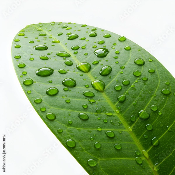 Fototapeta A lush green leaf glistening with fresh raindrops embodying renewal after a spring shower against a clean minimalist