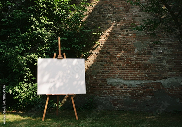 Fototapeta An inviting blank canvas awaits artistic inspiration in a sun dappled garden scene with an old brick wall backdrop and