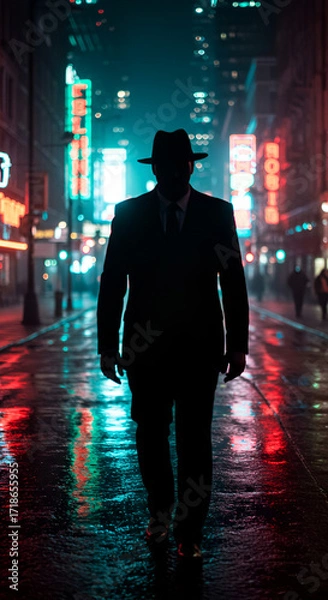 Fototapeta A mysterious figure in a fedora walks through a rainy city street evoking a sense of noir and suspense with neon