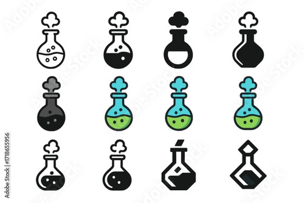 Fototapeta Bubbling Flask Logos. Set Logo of Flasks: Flask with bubbling potion and vapor. Logo set in vector style, emblematic variations. line, bold thick line, solid