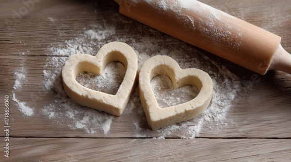 Fototapeta Heart shaped cookie dough with rolling pin on wooden surface