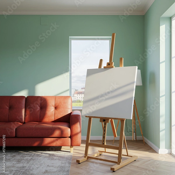 Fototapeta Unleash your creativity a blank canvas beckons on a wooden easel bathed in the soft light of a sun drenched studio with