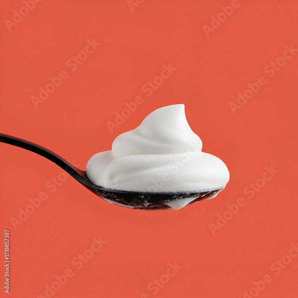 Fototapeta A spoonful of dreamy whipped cream delight a moment of pure indulgence on a black spoon against a vibrant coral