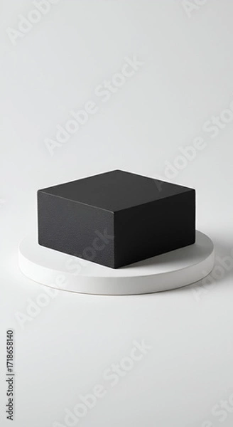 Fototapeta A stark contrast a black cube resting upon a pure white circle symbolizing balance and support in minimalist design with
