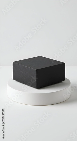 Fototapeta An enigmatic black cube perched gracefully a symbol of minimalist beauty and potential resting on a white platform with