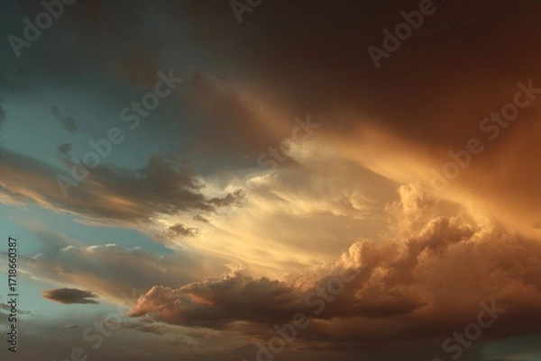 Fototapeta Dramatic sunset cloudscape; warm, gold and teal hues