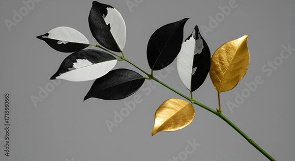 Fototapeta The gilded age approaches A botanical art piece symbolizing transformation and rebirth with painted leaves and soft