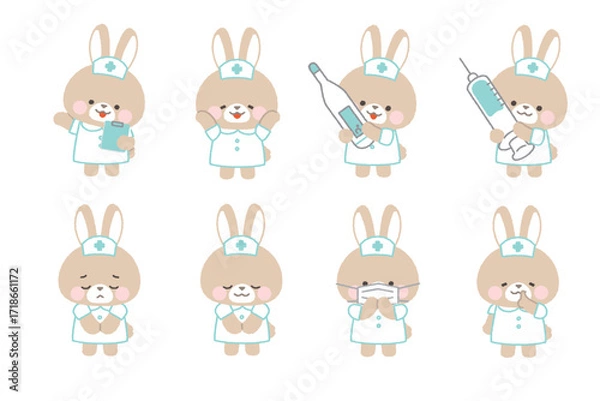 Fototapeta 茶色ウサギの看護師　ポーズセット1　主線なし