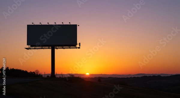 Fototapeta A silent promise of tomorrow a blank billboard awaits inspiration as the sun dips below the horizon creating warm orange