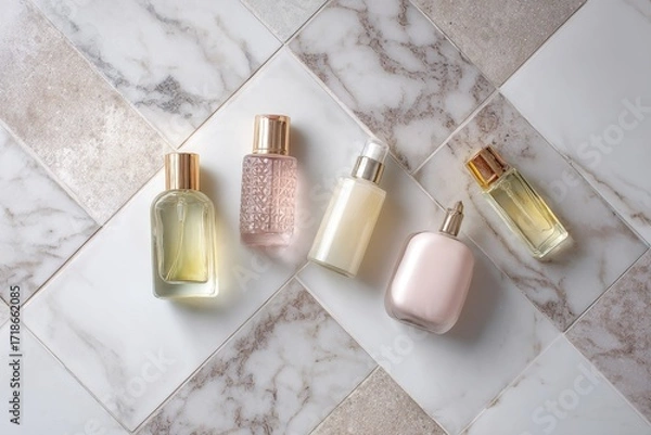 Fototapeta Five perfume bottles on marble tile