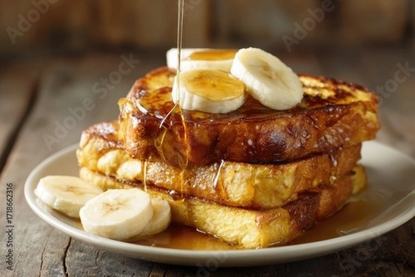 Fototapeta Golden French toast stack drizzled with syrup and topped with banana slices (1)