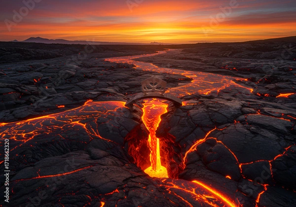 Fototapeta Crossing fiery lava on a brave adventure at sunset a bridge stands against the odds with nature s power captured in