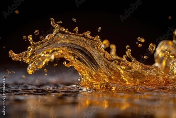 Fototapeta Amber liquid splashes elegantly, creating dynamic curves and droplets against a dark backdrop
