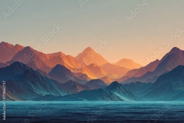Fototapeta Serene sunset over a vast, misty mountain range