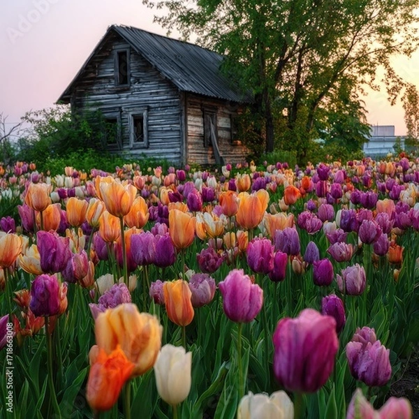 Fototapeta Rustic wooden house beside vibrant tulip field at sunset