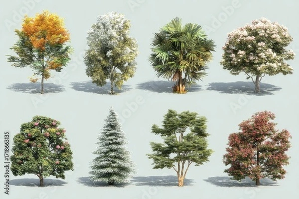 Fototapeta Eight diverse trees, rendered digitally, showcasing seasonal variations