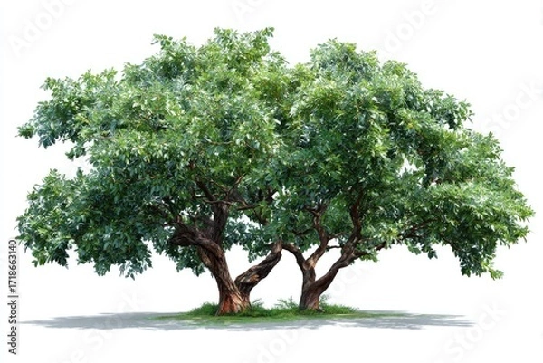 Fototapeta Lush, green tree cluster with thick trunks, isolated on white