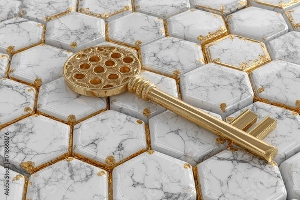 Fototapeta Golden ornate key rests on hexagonal marble