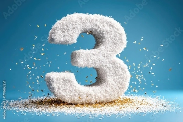 Fototapeta Fluffy white number three on blue background, surrounded by confetti