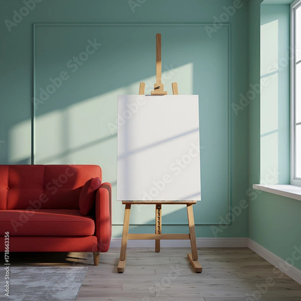 Fototapeta A blank canvas on a wooden easel awaiting artistic inspiration in a sunlit studio hinting at new beginnings with soft