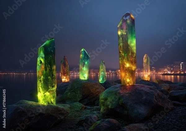 Fototapeta Illuminated crystal formations on a rocky shore at twilight, city lights in the background