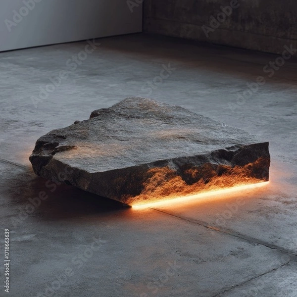 Fototapeta Raw stone slab with warm light beneath, on concrete