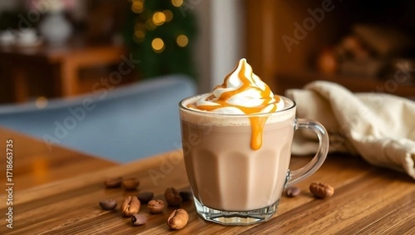 Fototapeta Peanut butter hot chocolate with a thick swirl of peanut sauce on top, cozy indoor setting