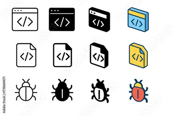 Obraz Game Coding Icons. Icon Set of Coding for games: code editor, script file, bug icon. Icons set in vector style, emblematic variations. Code editor line, code