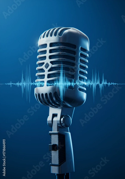 Fototapeta A vintage microphone poised to capture history amplify stories broadcast dreams resonating energy waves and a cool blue