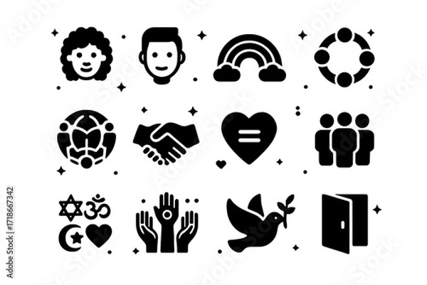 Fototapeta Diverse Unity Icons. Diversity. Solid icons set of diverse faces, rainbow, inclusive circle, global unity, handshake, equal sign heart, group of people,