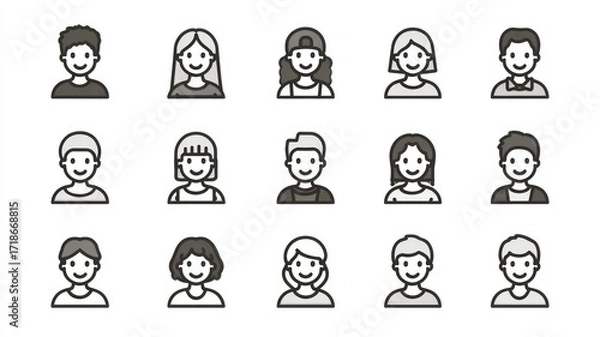 Fototapeta Human user profile icons vector set, simple person avatar symbols in solid and outline style, minimal people pictogram collection isolated on white background