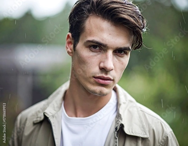 Fototapeta Close-up portrait of a man outdoors in the rain