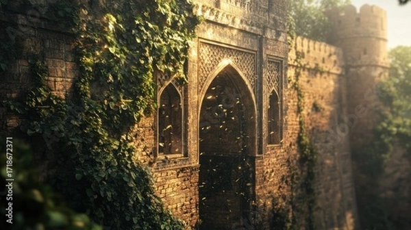 Fototapeta Ancient stone archway, overgrown with vines, sunlit