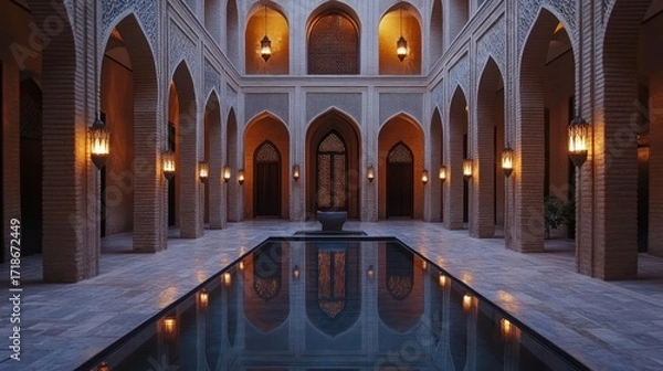 Fototapeta Intricate courtyard with reflecting pool, warm light